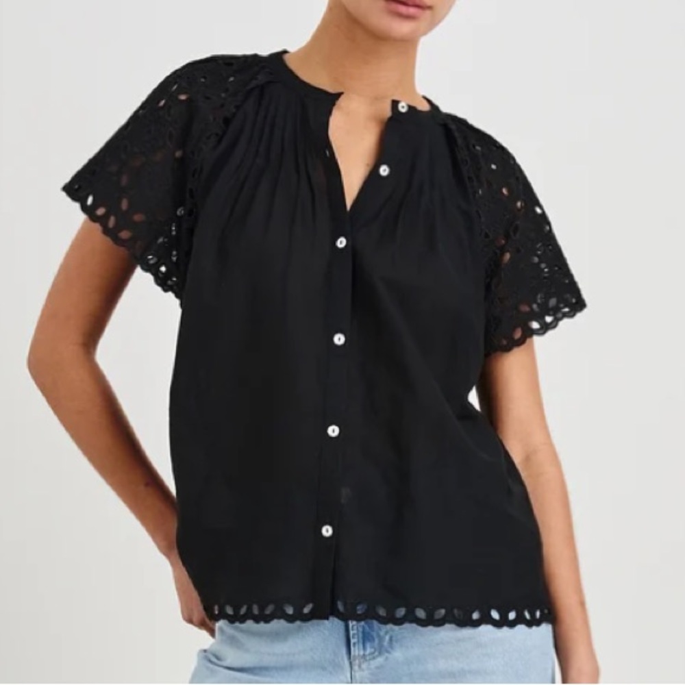 Rails Cerise Black Eyelet-Sleeve Button-Down Top size Small